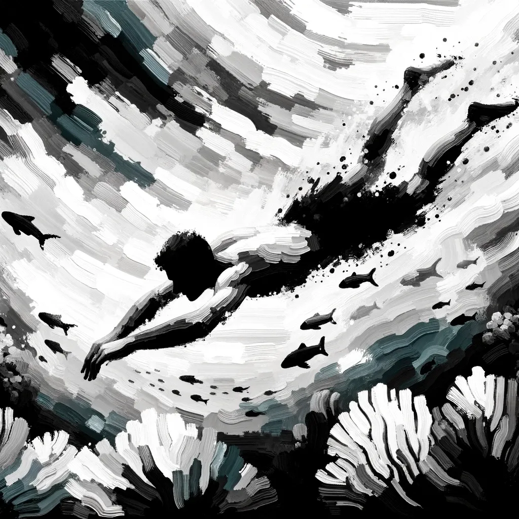 A abstract black and white picture of a man diving in the ocean